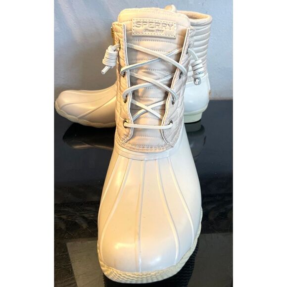 New Sperry Top Sider Saltwater  Ivory Chevron Quilted Shaft Nylon Duck Boots 10 - Picture 11 of 11